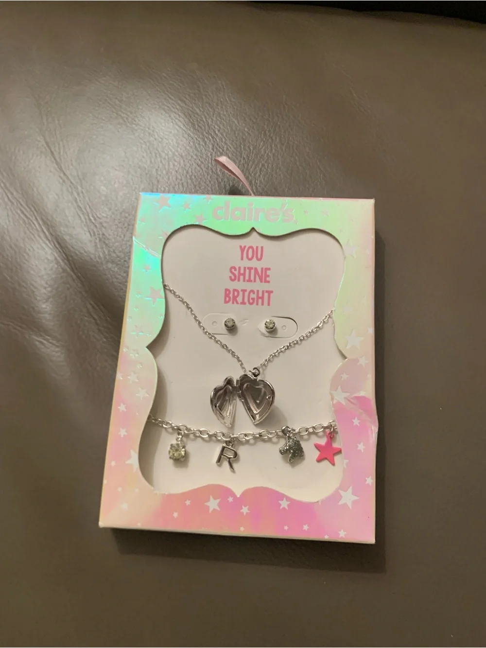 Claire's Silver Locket Heart 🤍 Initial “R” Charm Jewelry Set of 3 -